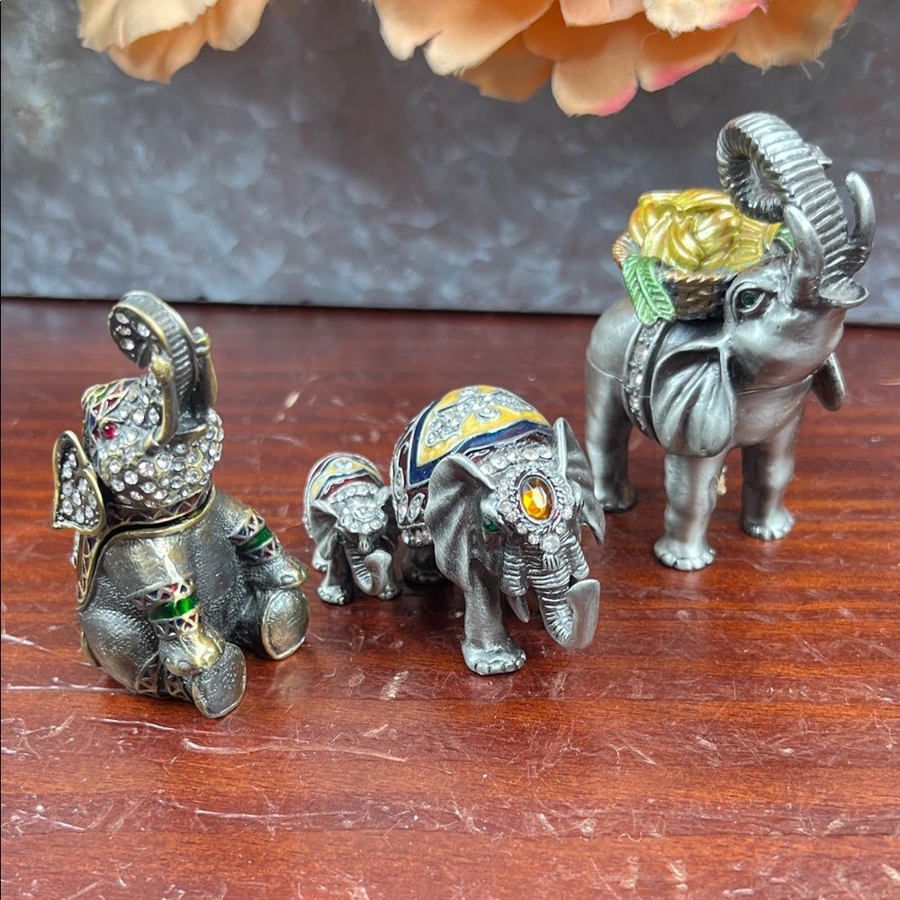 3 Qifu Elephant Trinket Boxes Set Rhinestone Jeweled Hinged